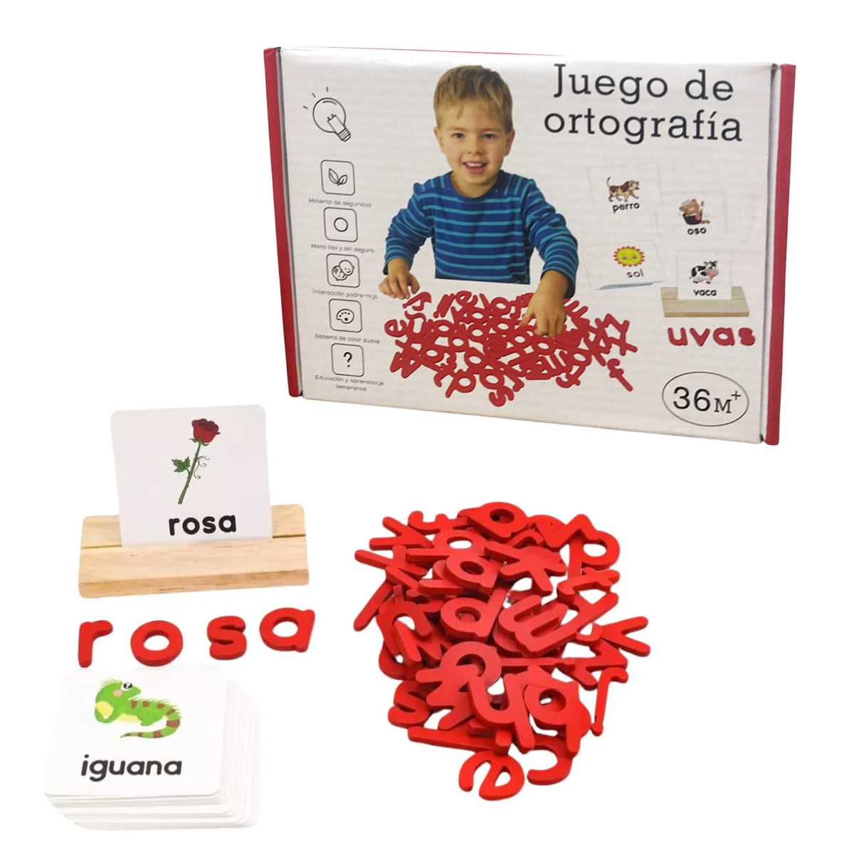 Juego de Ortografía Infantil en Español | Aprendizaje Divertido con Tarjetas, Letras y Soporte de Madera