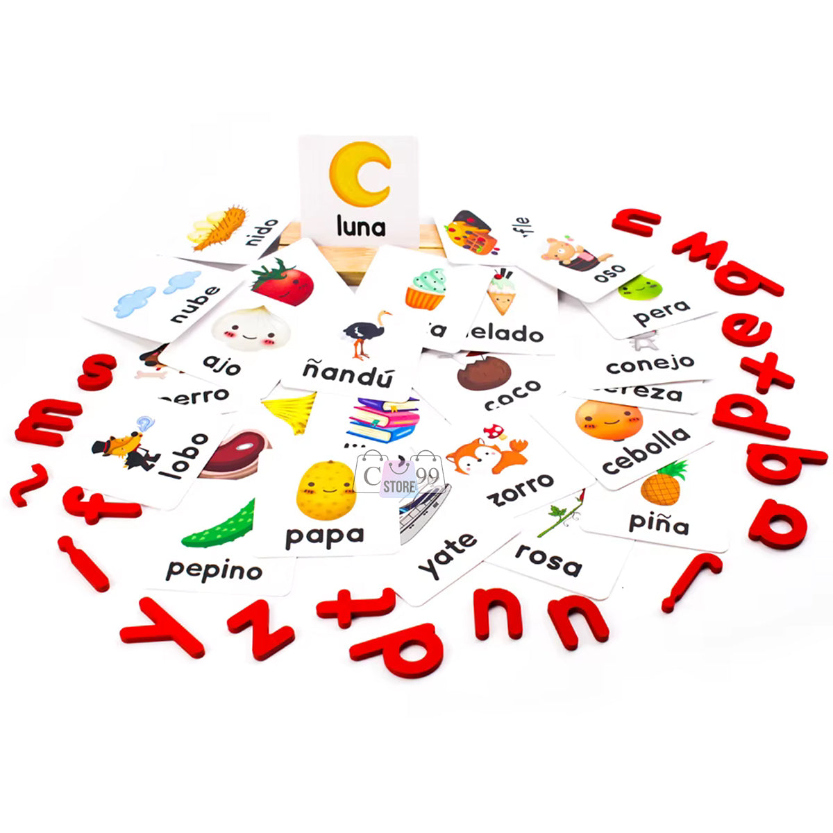 Juego de Ortografía Infantil en Español | Aprendizaje Divertido con Tarjetas, Letras y Soporte de Madera