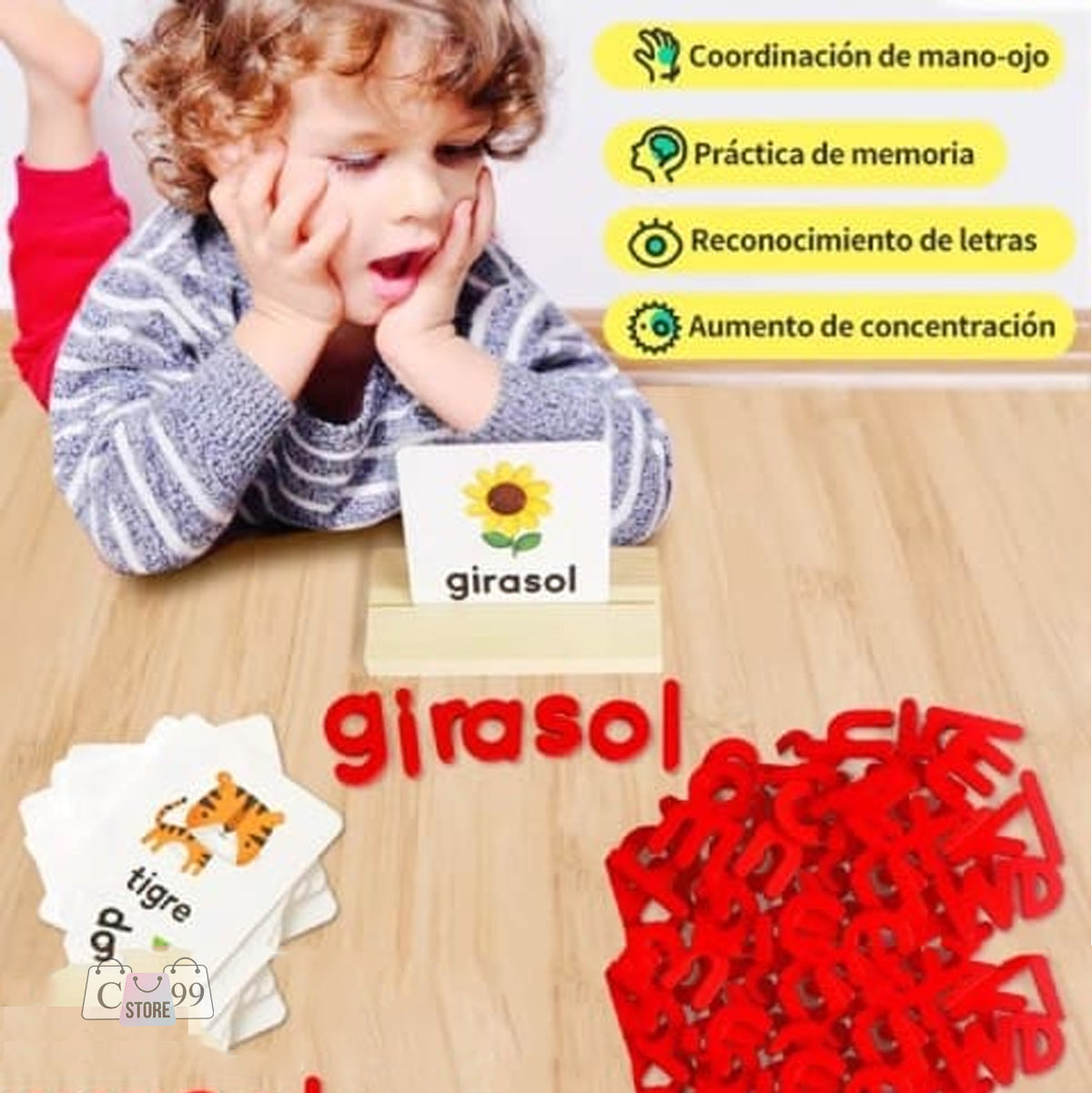 Juego de Ortografía Infantil en Español | Aprendizaje Divertido con Tarjetas, Letras y Soporte de Madera