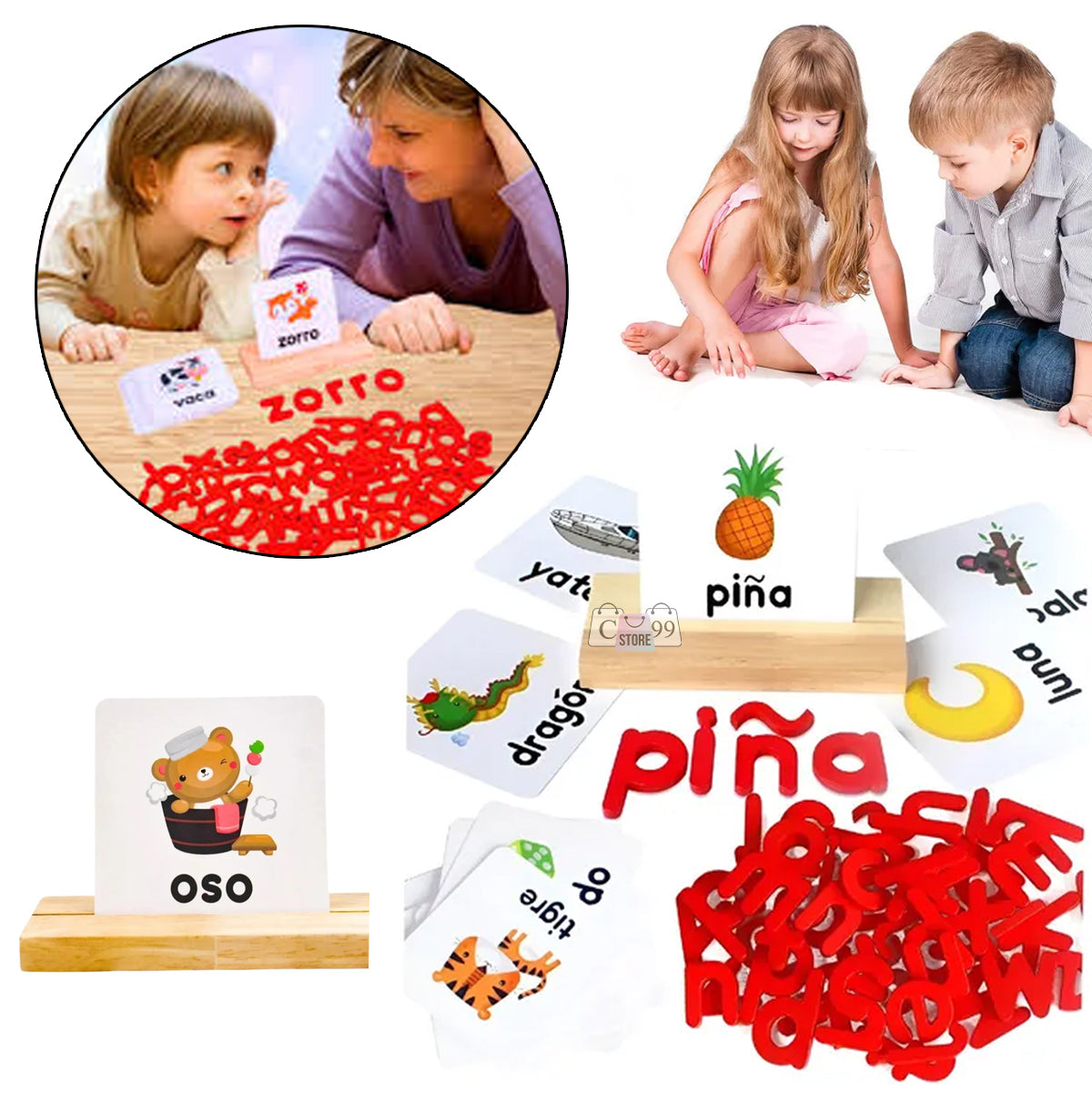 Juego de Ortografía Infantil en Español | Aprendizaje Divertido con Tarjetas, Letras y Soporte de Madera