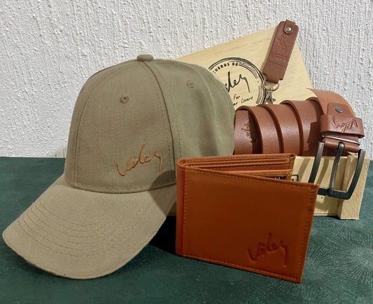 Combo Vélez X4 en Cuero | Billetera, Correa, Gorra y Llavero – Kit de Accesorios